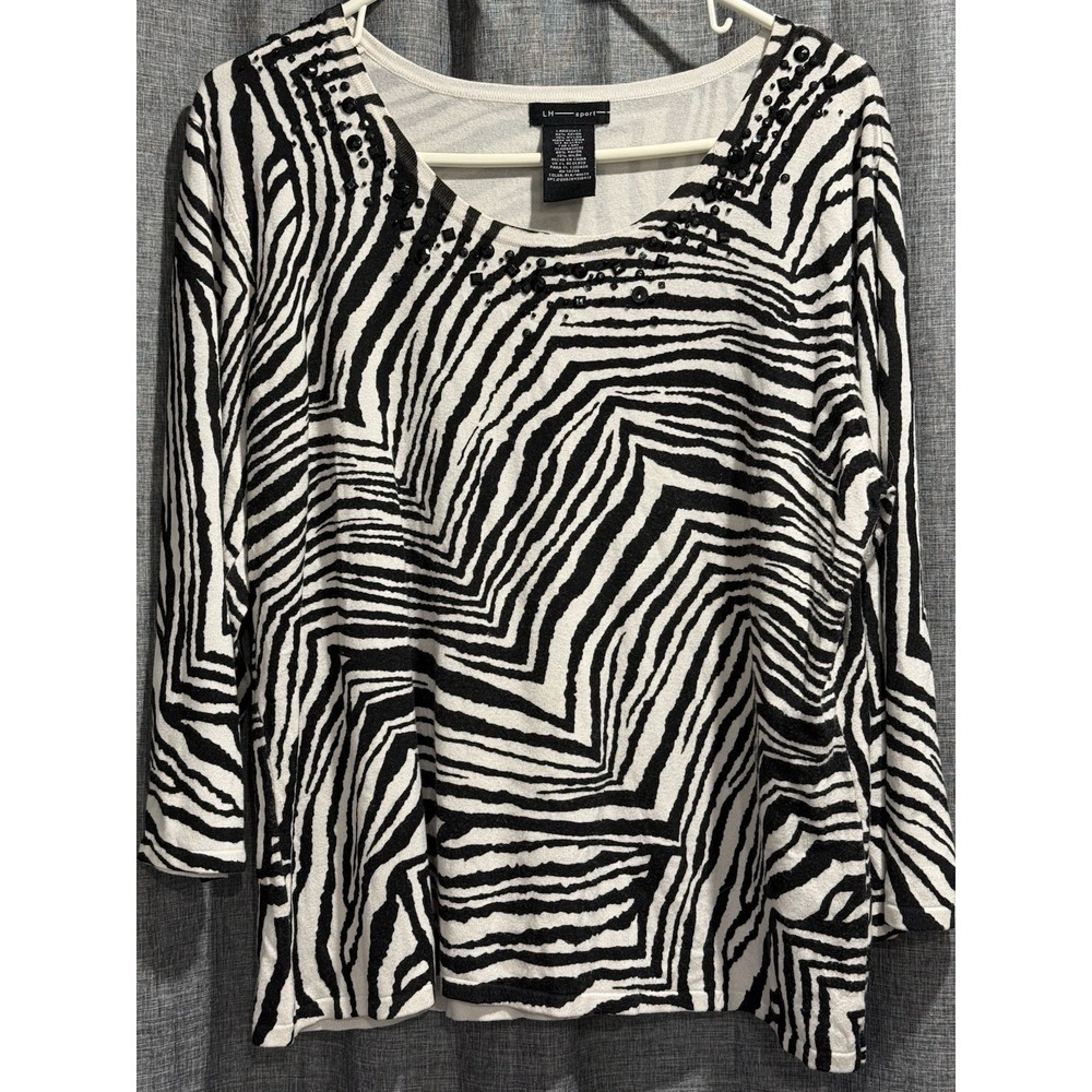 LH Sport Woman's Size XL White Black Beaded Top 3/4 Sleeve